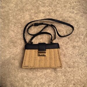 LC Lauren Conrad Wicker Top Handle bag with Navy Trim and Detachable Strap